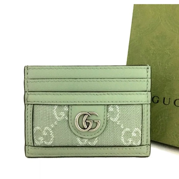 New GUCCI Ophidia GG Pale Green Canvas Leather Card Case - Picture 1 of 8